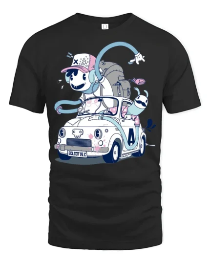 Whimsical Animated Character Vintage Car Road Trip Tshirt - black t-shirt on white background