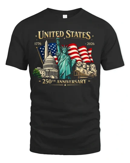 Historic American Milestones 250th Anniversary Graphic Tee - black t-shirt on white background