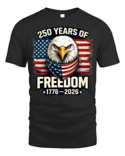 Historic Patriotic Bald Eagle American Flag 250 Years Tshirt - black t-shirt on white background