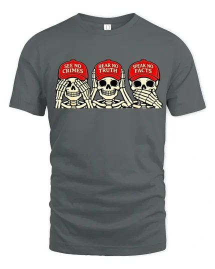 Politically Satirical Skeleton Wise Monkey Mocking Graphic Tee - gray t-shirt on white background