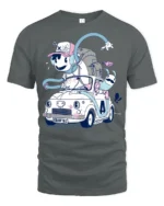 Whimsical Animated Character Vintage Car Road Trip Tshirt - gray t-shirt on white background
