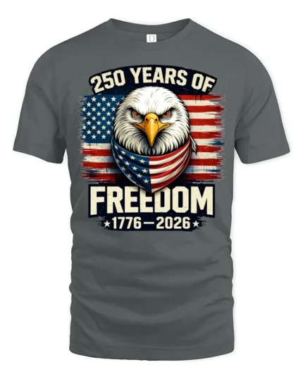 Historic Patriotic Bald Eagle American Flag 250 Years Tshirt - gray t-shirt on white background