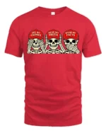 Politically Satirical Skeleton Wise Monkey Mocking Graphic Tee - red t-shirt on white background