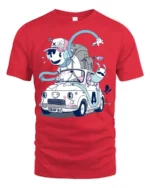 Whimsical Animated Character Vintage Car Road Trip Tshirt - red t-shirt on white background