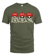 Politically Satirical Skeleton Wise Monkey Mocking Graphic Tee - military green t-shirt on white background