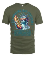 Hilarious Lady Liberty Hot Dog Political Irony Sarcastic Tee - military green t-shirt on white background
