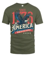 Historic Independence 1776 Eagle Home Of The Brave Tshirt - military green t-shirt on white background