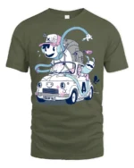 Whimsical Animated Character Vintage Car Road Trip Tshirt - military green t-shirt on white background