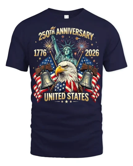 Majestic Bald Eagle Statue Of Liberty 250th Anniversary Tee - navy t-shirt on white background