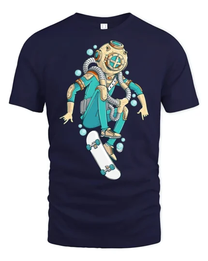 Deep Sea Explorer Skateboarder Diving Helmet Graphic Tee - navy t-shirt on white background