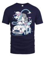 Whimsical Animated Character Vintage Car Road Trip Tshirt - navy t-shirt on white background