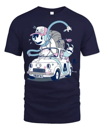 Whimsical Animated Character Vintage Car Road Trip Tshirt - navy t-shirt on white background