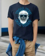 Cool Shaded Yeti Yall Yet For This Funny Graphic Tshirt - model wearing navy tee with hands in pockets