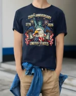 Majestic Bald Eagle Statue Of Liberty 250th Anniversary Tee - model wearing navy tee with hands in pockets