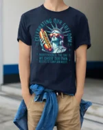 Hilarious Lady Liberty Hot Dog Political Irony Sarcastic Tee - model wearing navy tee with hands in pockets