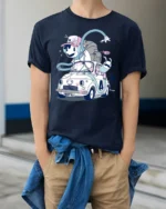 Whimsical Animated Character Vintage Car Road Trip Tshirt - model wearing navy tee with hands in pockets