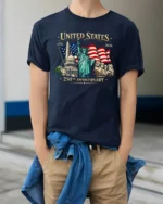 Historic American Milestones 250th Anniversary Graphic Tee - model wearing navy tee with hands in pockets