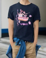 Nautical Swamp Fisherman Fishing Skeleton Bones Novelty Tshirt - model wearing navy tee with hands in pockets
