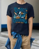 Colorful Marine Life Protect Our Oceans Be Kind Vibes Tshirt - model wearing navy tee with hands in pockets
