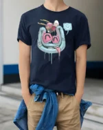 Melting Horseshoe Magnet Gravity Defying Heart Speech Tee - model wearing navy tee with hands in pockets