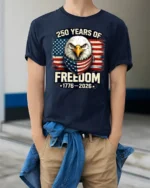 Historic Patriotic Bald Eagle American Flag 250 Years Tshirt - model wearing navy tee with hands in pockets