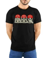 Politically Satirical Skeleton Wise Monkey Mocking Graphic Tee - model wearing black tee with hands behind back