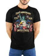 Majestic Bald Eagle Statue Of Liberty 250th Anniversary Tee - model wearing black tee with hands behind back