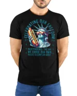 Hilarious Lady Liberty Hot Dog Political Irony Sarcastic Tee - model wearing black tee with hands behind back