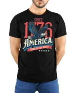 Historic Independence 1776 Eagle Home Of The Brave Tshirt - model wearing black tee with hands behind back