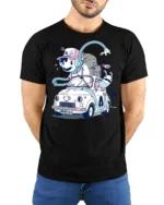 Whimsical Animated Character Vintage Car Road Trip Tshirt - model wearing black tee with hands behind back