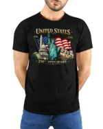 Historic American Milestones 250th Anniversary Graphic Tee - model wearing black tee with hands behind back