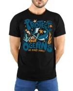 Colorful Marine Life Protect Our Oceans Be Kind Vibes Tshirt - model wearing black tee with hands behind back