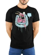 Melting Horseshoe Magnet Gravity Defying Heart Speech Tee - model wearing black tee with hands behind back