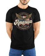 Commemorative Semiquincentennial Eagle America 1776 2026 Tshirt - model wearing black tee with hands behind back