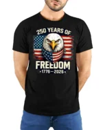Historic Patriotic Bald Eagle American Flag 250 Years Tshirt - model wearing black tee with hands behind back