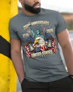 Majestic Bald Eagle Statue Of Liberty 250th Anniversary Tee - model wearing grey tee, leaning on column