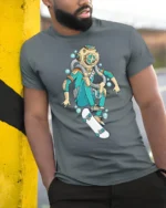 Deep Sea Explorer Skateboarder Diving Helmet Graphic Tee - model wearing grey tee, leaning on column