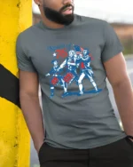 Revolutionary Drummer Boys Spirit Of 76 Vintage Graphic Tee - model wearing grey tee, leaning on column