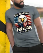 Historic Patriotic Bald Eagle American Flag 250 Years Tshirt - model wearing grey tee, leaning on column