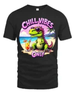 Hilarious Chill Vibes Only Dinosaur Beach Tropical Graphic Tee - black t-shirt on white background