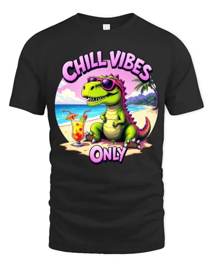 Hilarious Chill Vibes Only Dinosaur Beach Tropical Graphic Tee - black t-shirt on white background