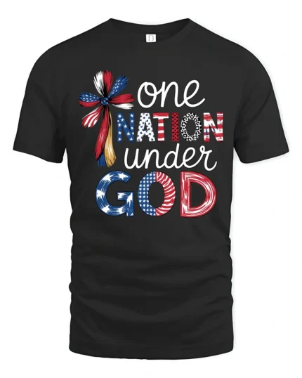 Spiritual One Nation Under God Patriotic Cross Graphic Tee - black t-shirt on white background
