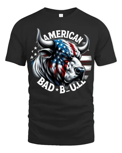 Patriot American Bad Bull Flag Horns Patriotic Graphic Tee - black t-shirt on white background