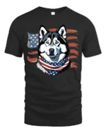 Cute Star Spangled Alaskan Sled Dog Independence Day Tshirt - black t-shirt on white background