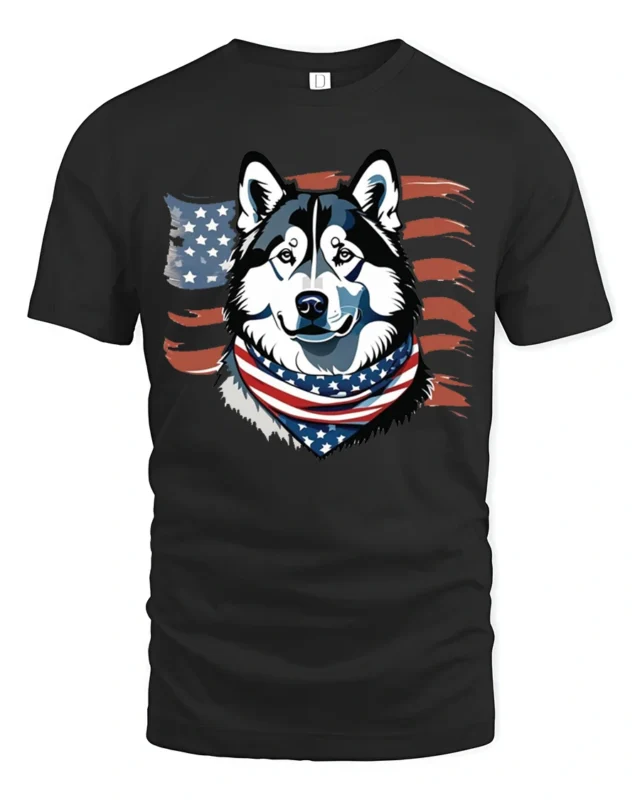 Cute Star Spangled Alaskan Sled Dog Independence Day Tshirt - black t-shirt on white background