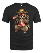 Humorous Country Pride Trash Panda Peace Sign Graphic Tee - black t-shirt on white background