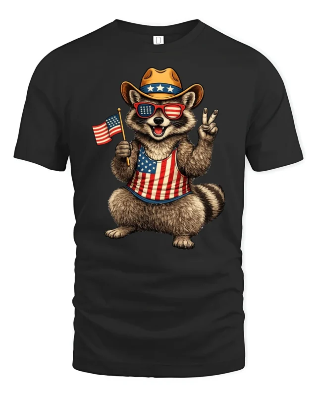 Humorous Country Pride Trash Panda Peace Sign Graphic Tee - black t-shirt on white background