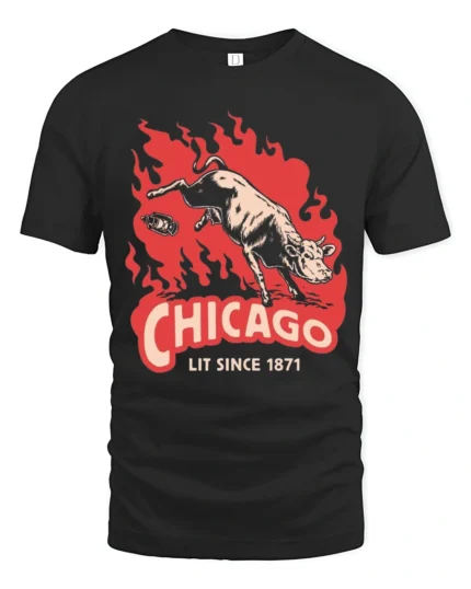 Vintage Chicago Lit Since 1871 Great Fire Cow Graphic Tee - black t-shirt on white background