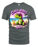 Hilarious Chill Vibes Only Dinosaur Beach Tropical Graphic Tee - gray t-shirt on white background