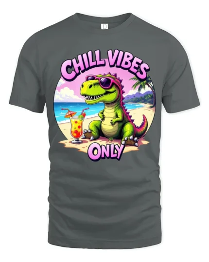 Hilarious Chill Vibes Only Dinosaur Beach Tropical Graphic Tee - gray t-shirt on white background